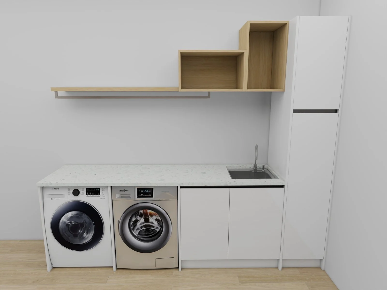 Customisable compact laundry with washer and dryer, sink cabinet, tall storage unit, open shelving, and pull-out hamper feature.
