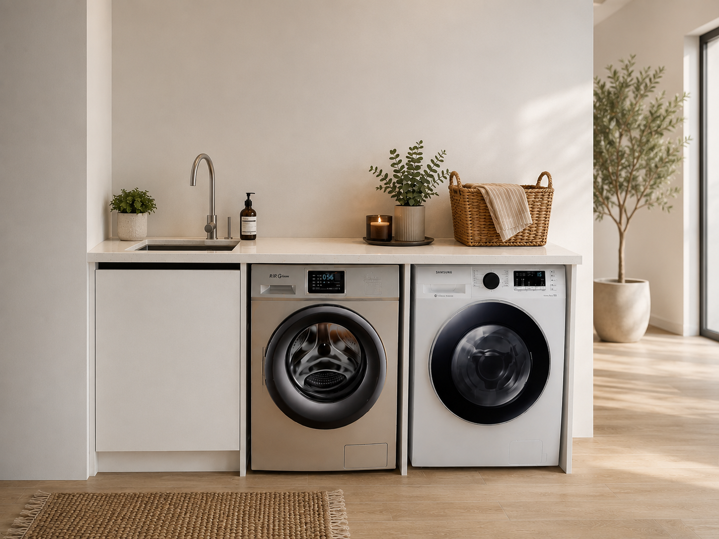 IMAGE ALT TEXT Complete white laundry cabinet package with integrated sink, benchtop, wall panels and spaces for front-load washing machine and dryer