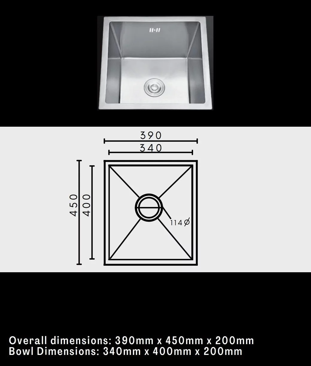 390 × 450mm stainless steel kitchen sink dimensions and technical specifications
