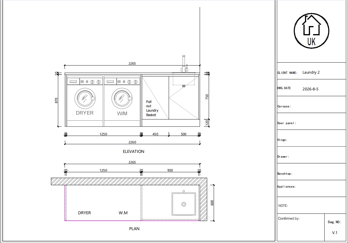 Technical drawing of complete laundry cabinet package showing cabinet dimensions, appliance layout and sink position