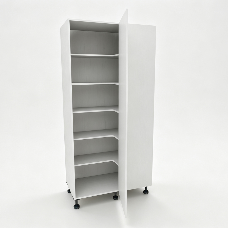 White blind corner pantry cabinet open with internal shelving – tall kitchen pantry storage