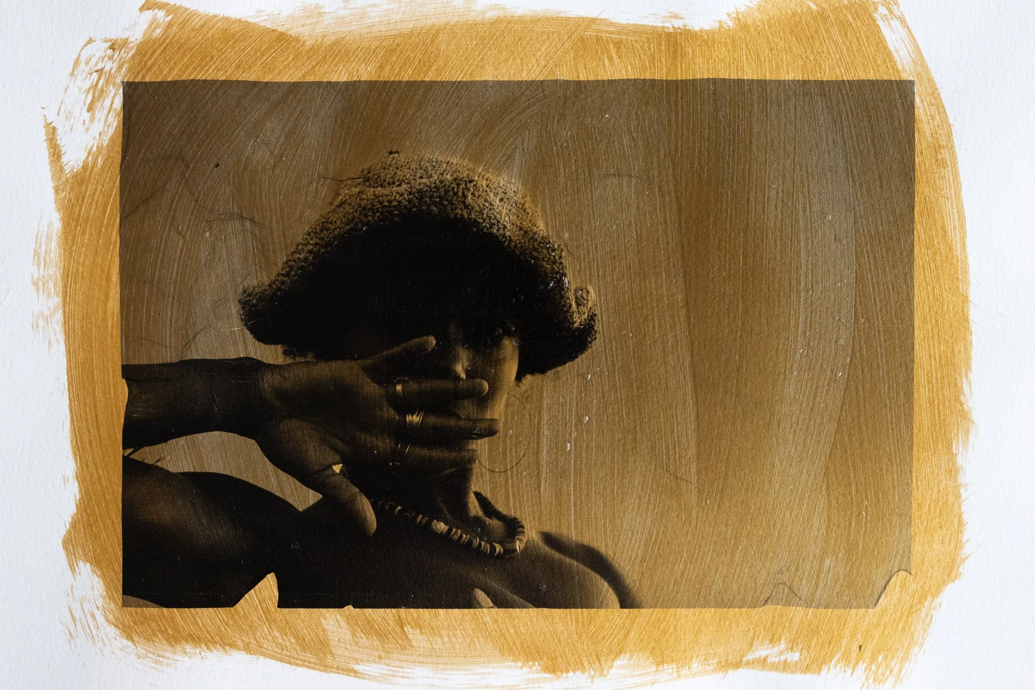 film photo digital negative printed on acetate paper and transferred into watercolor paper with gold acrylic