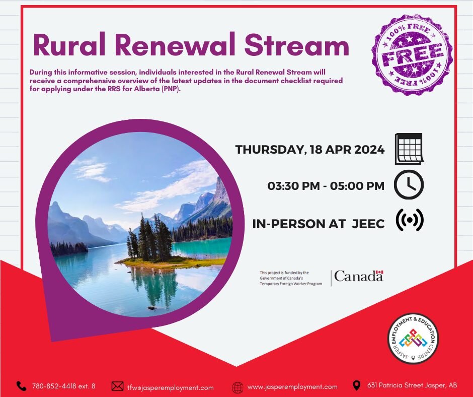 Ready to thrive in Rural Alberta? 
Don't miss our drop-in session revealing the latest updates and essential checklist for the Rural Renewal Stream. 
No registration required&mdash;just swing by and seize your opportunity for transformative change! 
