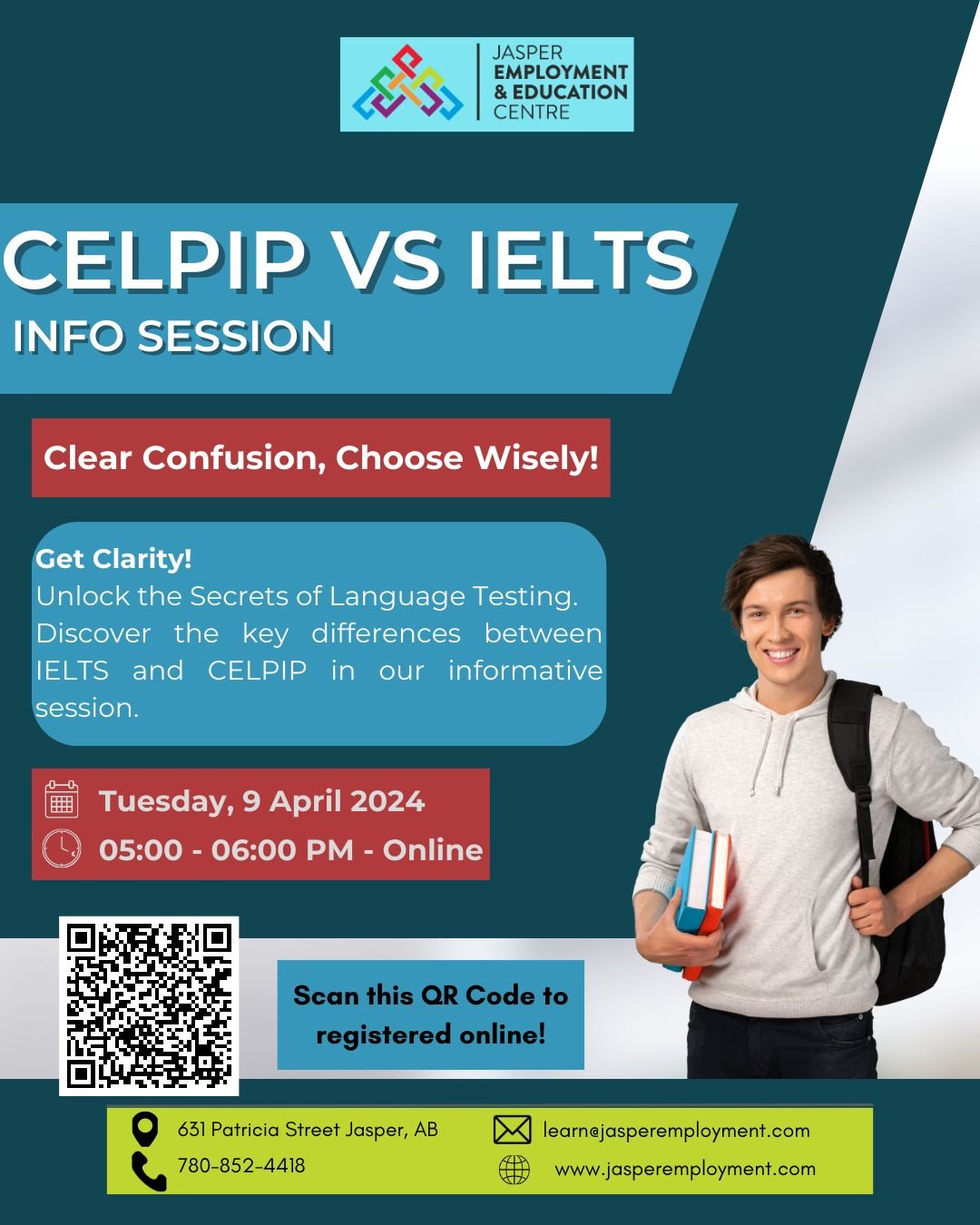 🌐 Unlock Clarity: IELTS vs. CELPIP! 
Join our interactive session on April 9, 2024, from 5-6pm, to unravel the mystery of language testing. 
Don't miss out on making informed decisions! 
Scan the QR code or click the link to register online:
https:/