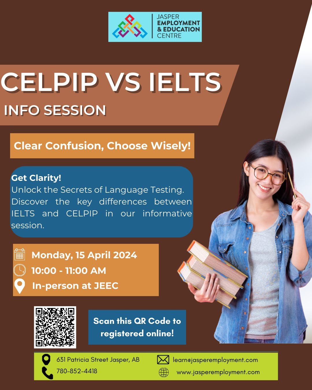 Unlock the Path to Language Success!
Join us for an enlightening in-person session on April 15, 2024, from 10- 11 am. 
Say goodbye to confusion and hello to clarity as we dissect the differences between IELTS and CELPIP testing options. 
Don't miss o