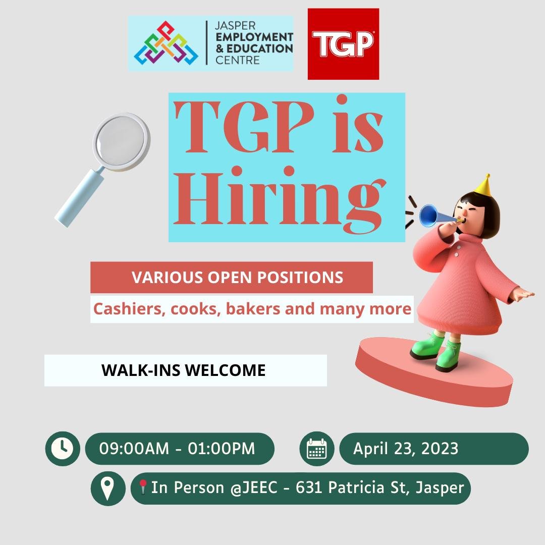 🛒 Want to bag a job in the grocery biz? TGP is hiring for multiple positions! 
🌟 Walk-ins welcome tomorrow from 9 am - 1 pm at Jasper Employment and Education Centre. 
Don't miss out on your chance to join our team!
 #NowHiring #GroceryJobs #Jasper