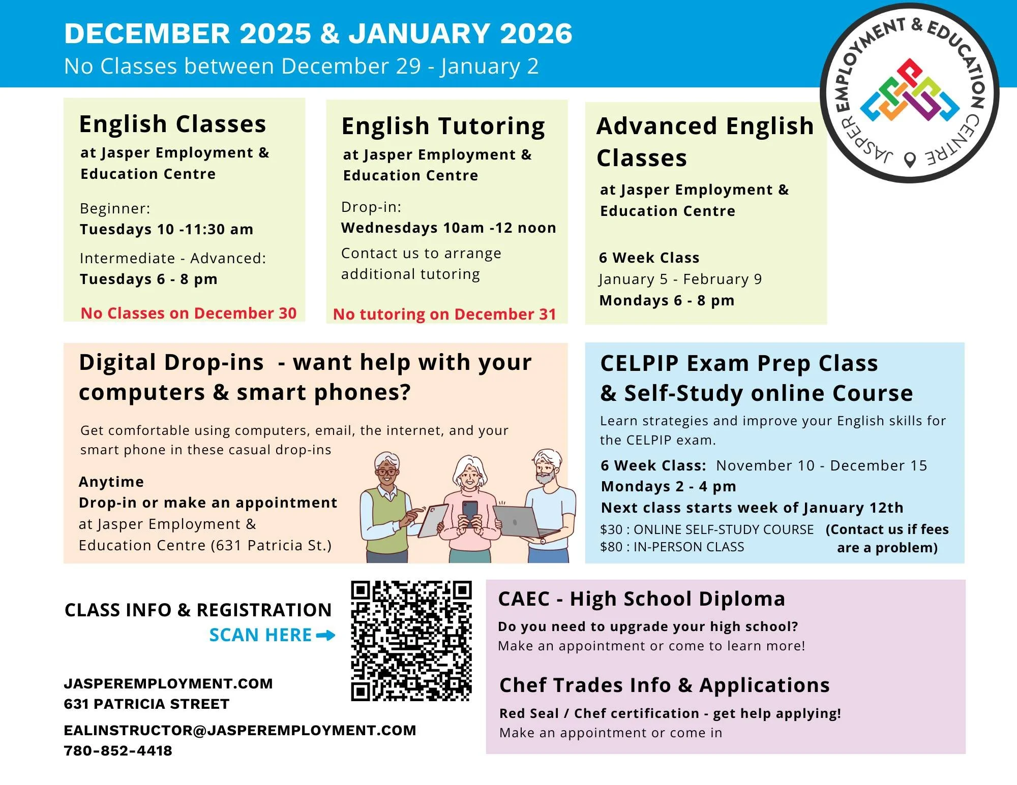 December &amp; January class calendar is here!
Ready to take your English to the next level? Whether you're a Beginner, Intermediate, or Advanced learner &mdash; we've got the perfect class for you!
Looking to improve your digital skills? 💻
Learn ho