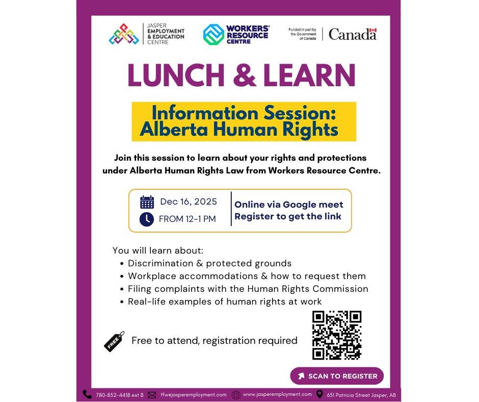 Join us for this very informative info session in collaboration with @workersresourcecentre  about Alberta Human Rights. 

Click the link to register and to receive the invite link 
🔗 https://forms.gle/dUbd9vPa8hCgm9xJ7