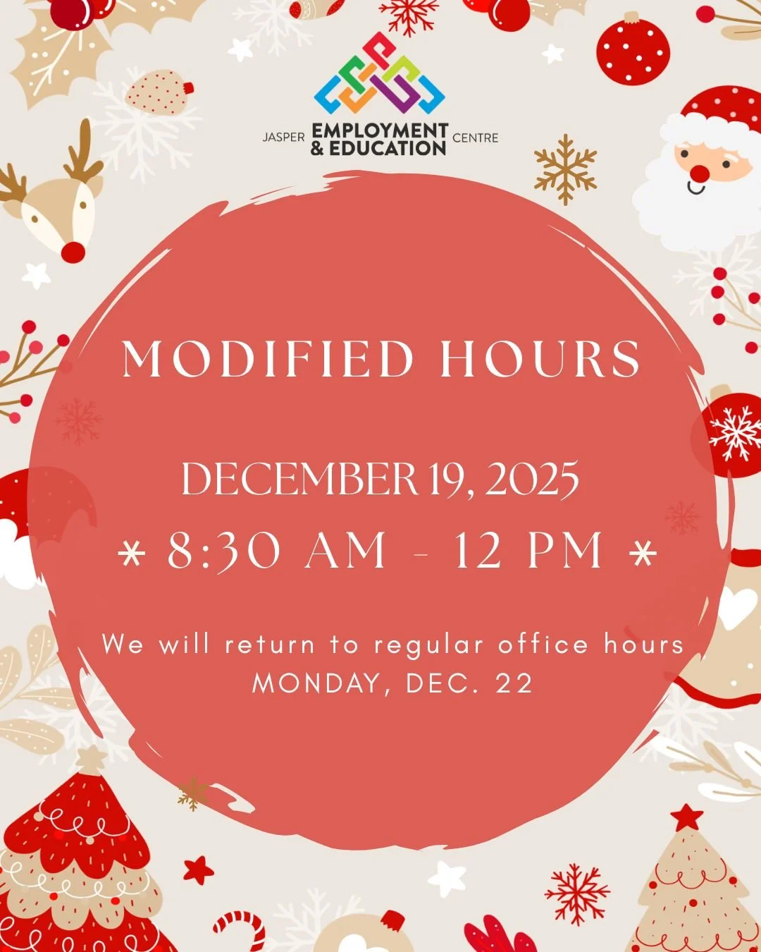 🚨 Modified Hours : December 19 🚨
Our office will be open from 8:30 AM to 12:00 PM and
will be closed for the remainder of the day.

We will return to our regular office hours on Monday,
Dec. 22, 2025.
Thank you for your understanding!