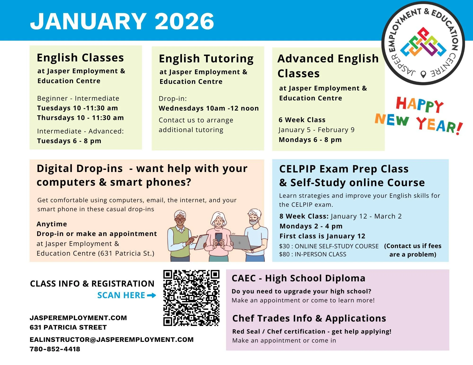 January class calendar is here!
Ready to take your English to the next level? Whether you're a Beginner, Intermediate, or Advanced learner &mdash; we've got the perfect class for you!
Looking to improve your digital skills? 💻
Learn how to navigate c