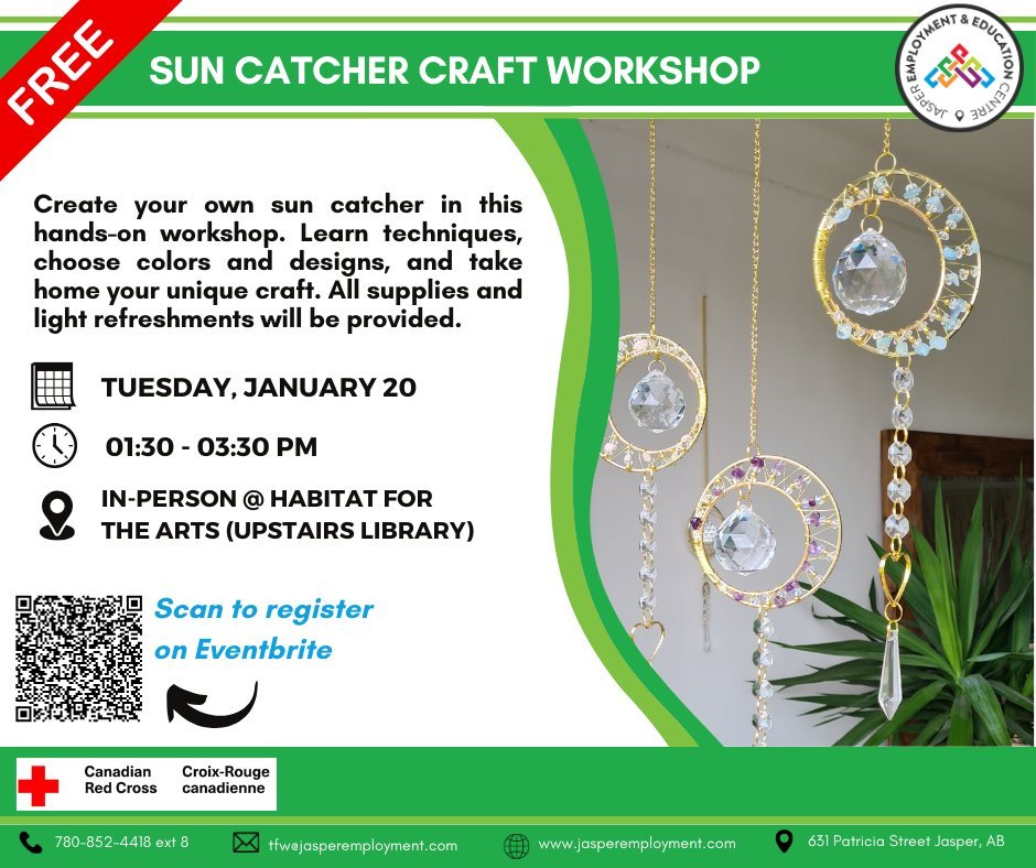 Brighten up a slow winter day in Jasper! 🌞 
Join our Sun Catcher Craft Workshop, all supplies provided, no experience needed. Create, connect, and shine together! ✨
Reserve your spot: https://www.eventbrite.ca/e/sun-catcher-craft-workshop-tickets-19