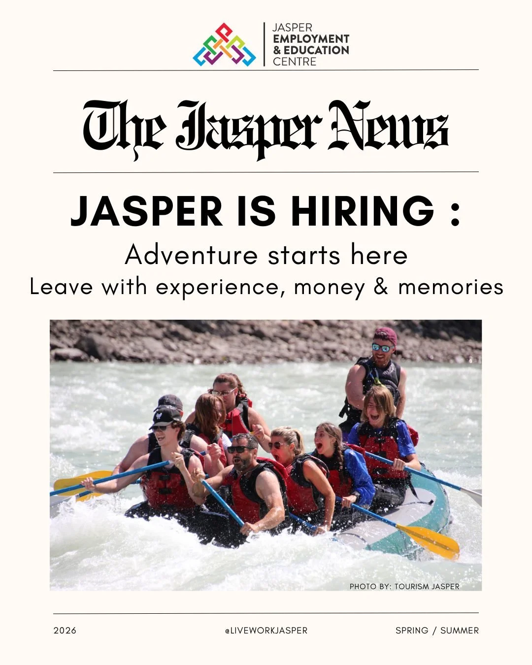 🌟 Work. Earn. Explore.
Work full-time, earn tips, and explore one of Canada&rsquo;s most iconic parks, all in one season.

📩 Subscribe to our newsletter for the latest job updates.
🔗 ctct.me/jasperworks