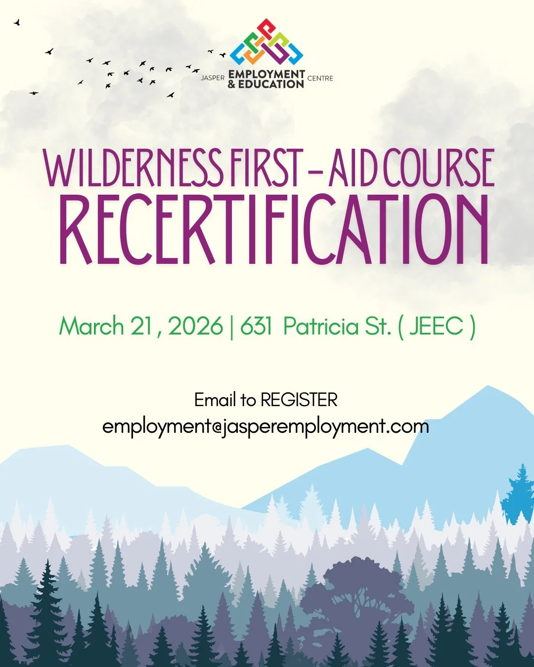 Make sure your Wilderness First Aid certification is up to date! 🌲⛰
We still have spots left in our RECERTIFICATION course.
Email us to register : employment@jasperemployment.com