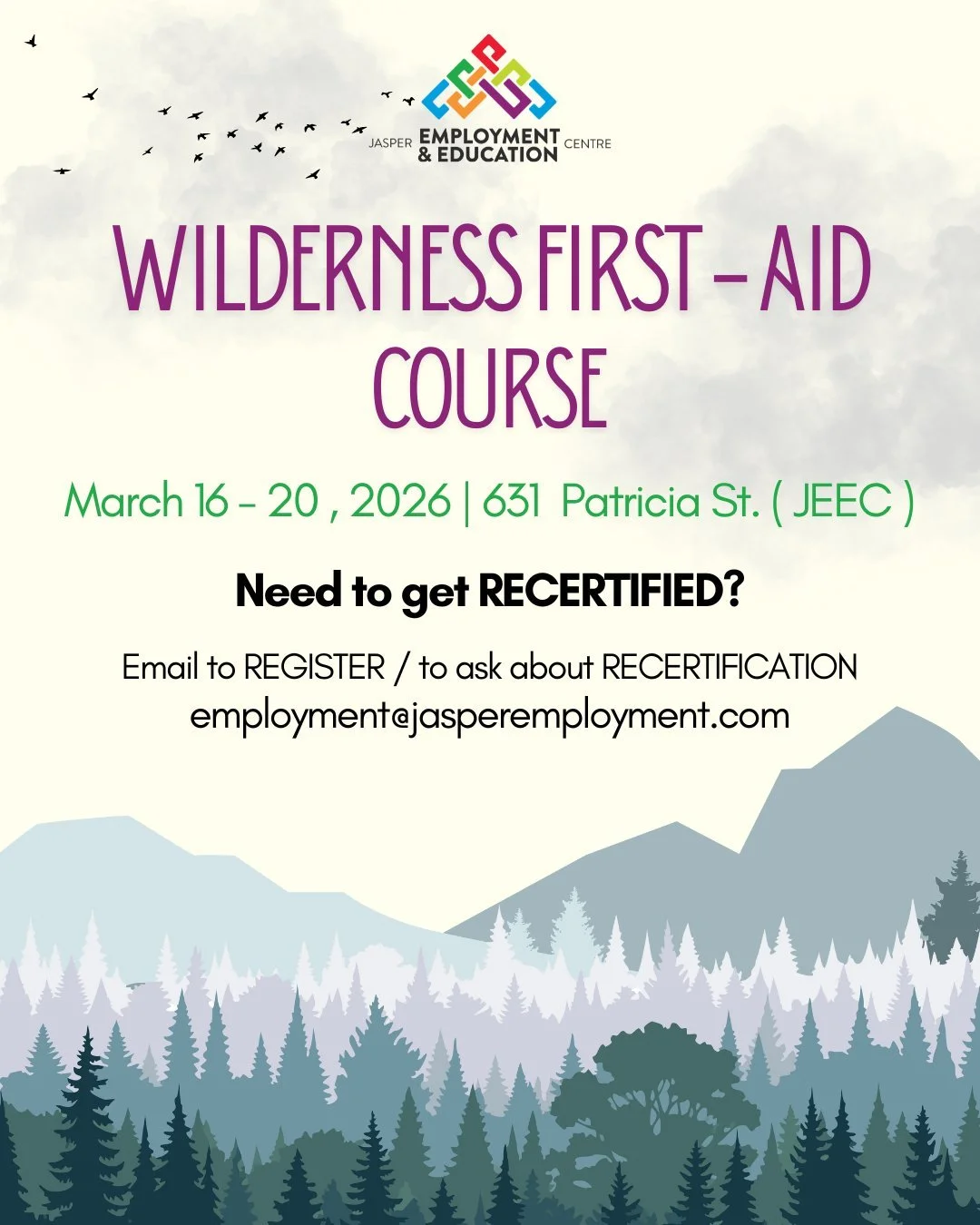 We have ONE SPOT left for the WILDERNESS FIRST AID COURSE! 

CALL or EMAIL US TODAY to secure your SPOT!
📱 780 - 852 - 4418
📩employment@jasperemployment.com
