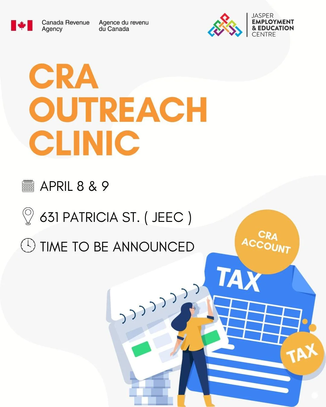 Great news! The CRA Outreach Clinic will be visiting Jasper next week!
🗓 April 8 &amp; 9
📍 631 Patricia St. ( Jasper Employment )
⏰ Updated times will be shared once confirmed. Stay Tuned!

Thank you!