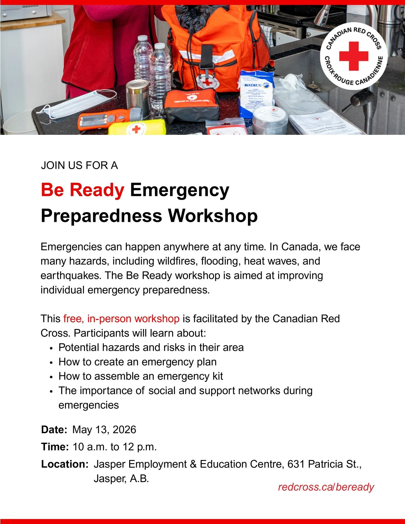 🚨 Be Prepared, Stay Safe! 🚨

Join us for a FREE in-person workshop facilitated by @redcrosscanada  focused on Emergency Preparedness. Learn practical tips and tools to help you and your family stay ready for unexpected situations.

📅 May 13
⏰ 10:0