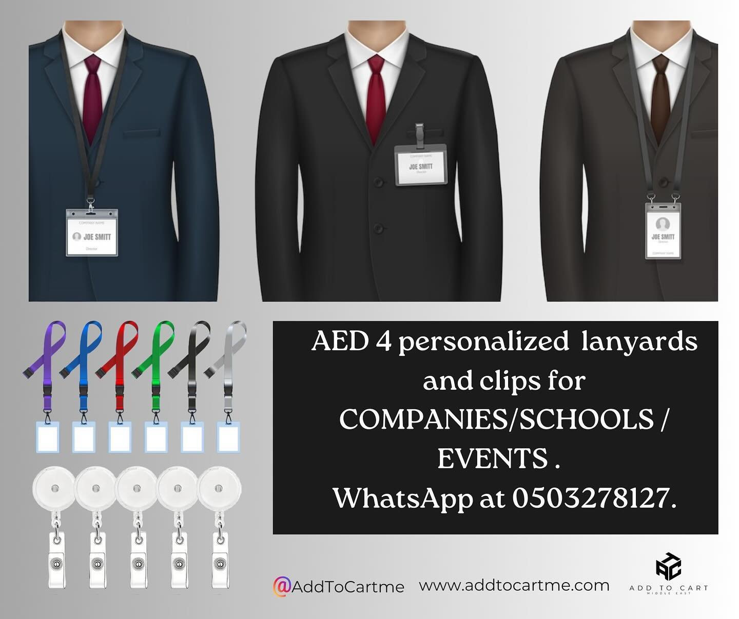 Enhance your company, school, or event's professional look with our personalized lanyards and clips! Starting from just AED 4, these accessories are perfect for ID badges and name tags. Get in touch with us via WhatsApp at 0503278127 for more details