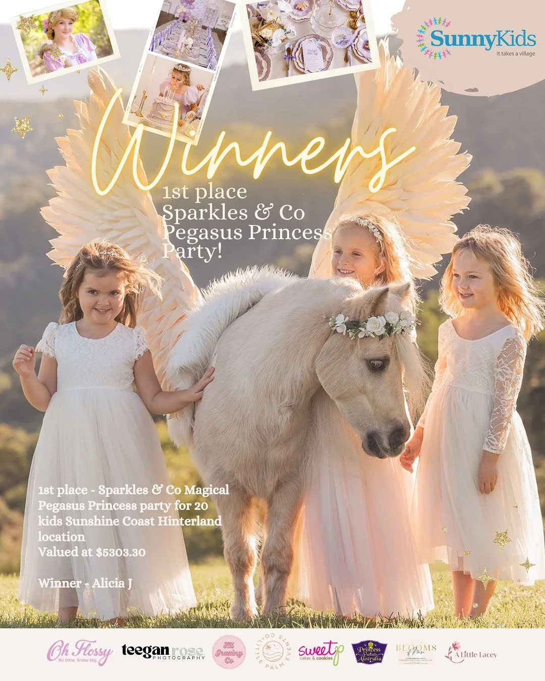 🎉✨ RAFFLE WINNERS ANNOUNCED! ✨🎉

A huge THANK YOU to everyone who purchased raffle tickets and supported @sunnykidssc through our magical Pegasus Princess Party Giveaway. 💛

Together, we&rsquo;ve helped raise $1720 for SunnyKids and their incredib