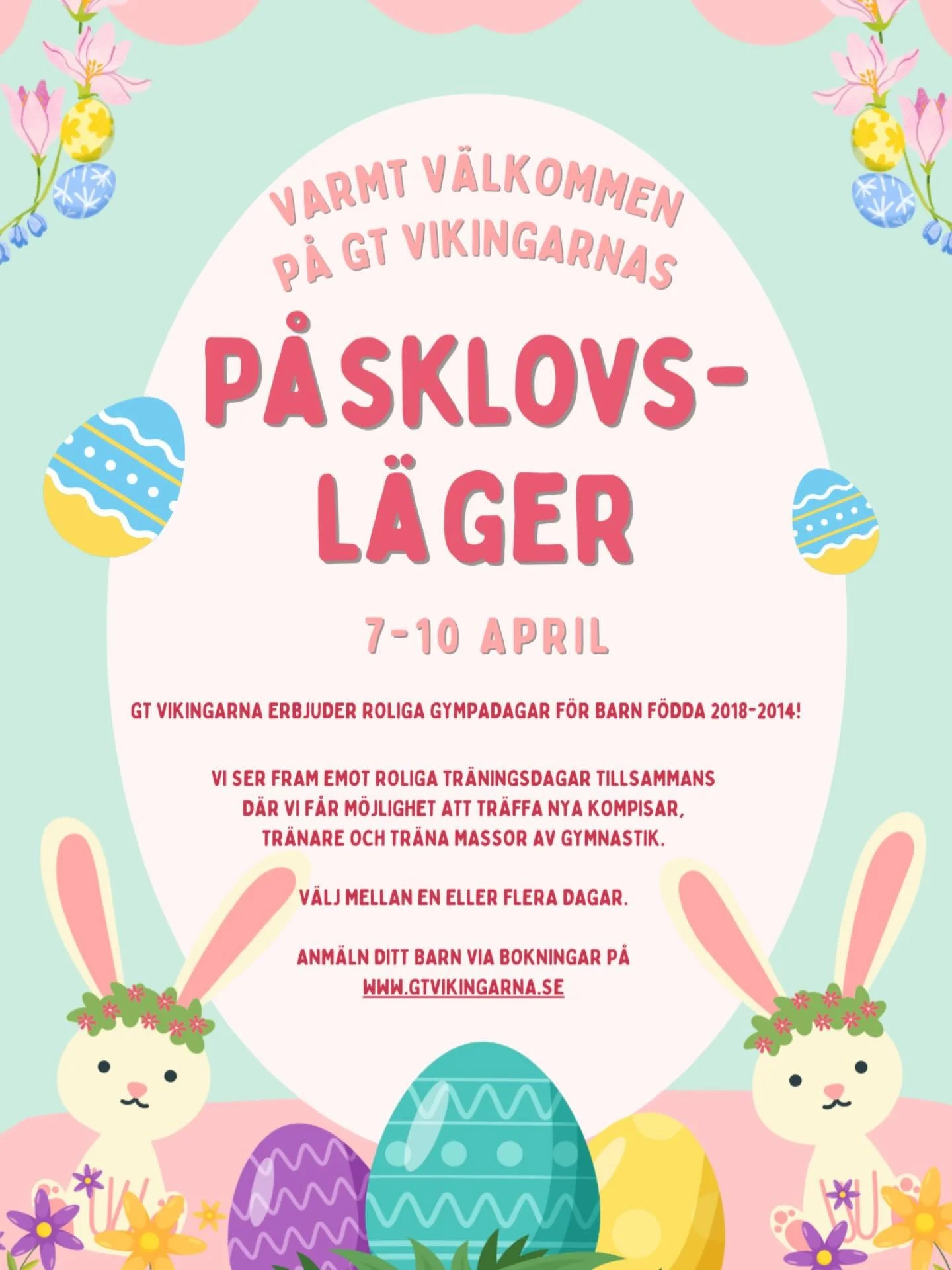 Varmt v&auml;lkommen p&aring; P&aring;sklovsl&auml;ger i Vikingahallen!🤸🏽&zwj;♀️🐣🌸 

Vi erbjuder roliga l&auml;gerdagar f&ouml;r barn f&ouml;dda 2014-2018.

F&ouml;r mer information och anm&auml;lan, bes&ouml;k v&aring;r hemsida www.gtvikingarna.