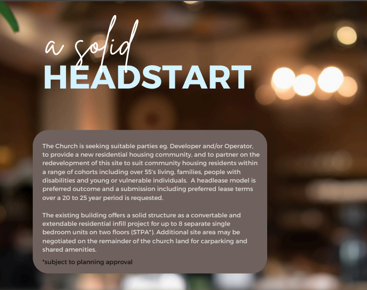 Informational flyer or presentation slide titled 'a solid HEADSTART' with background of interior lighting and a paragraph about church's plans for developing a residential housing community.