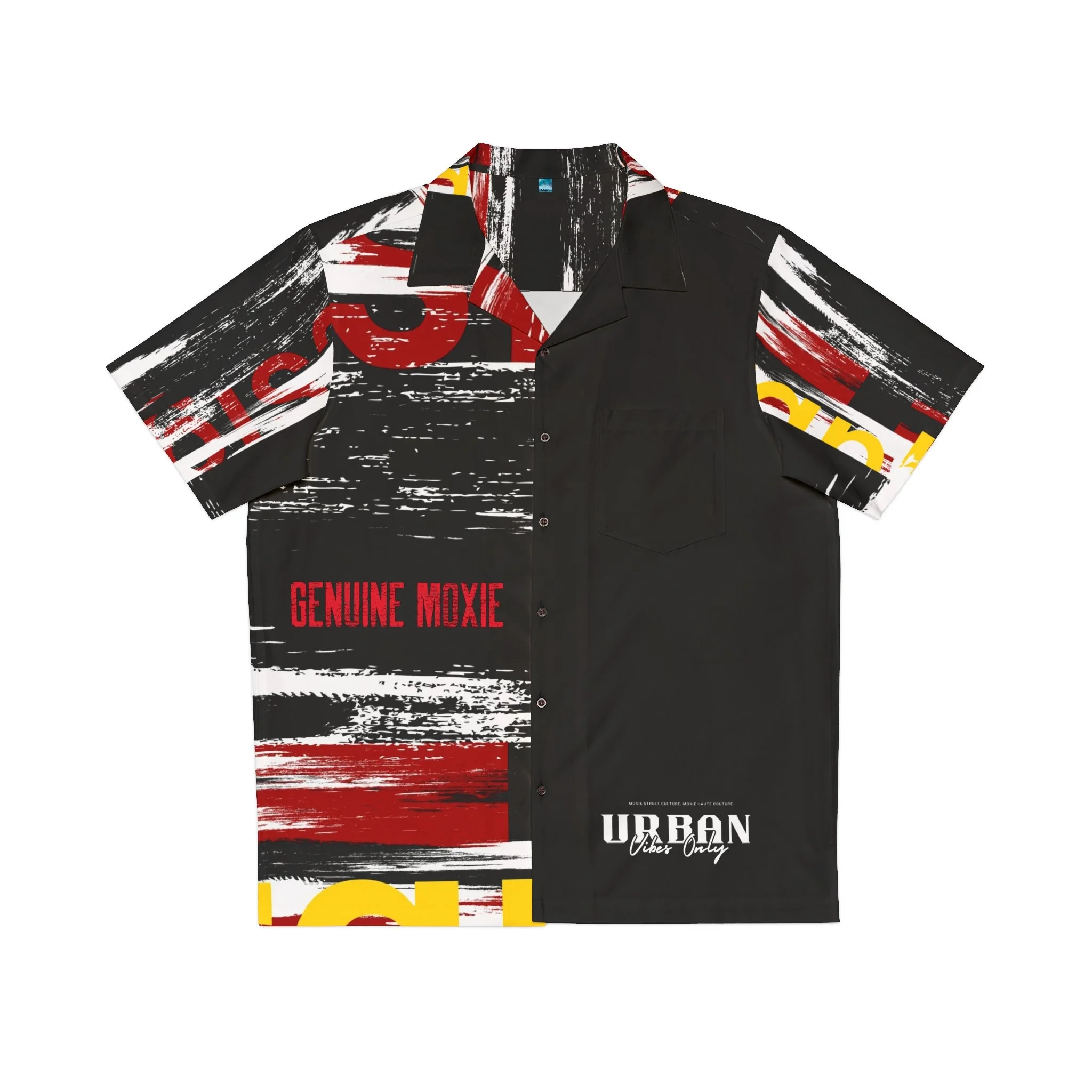 Genuine Moxie Men's Hawaiian Shirt - Medium Fabric, Boxy Fit, Chest Pocket, Black/White Button Options