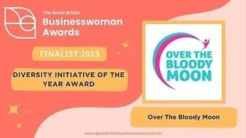 An award certificate for Over the Bloody Moon at the 2023 Great British Businesswoman Awards, recognizing the Diversity Initiative of the Year.