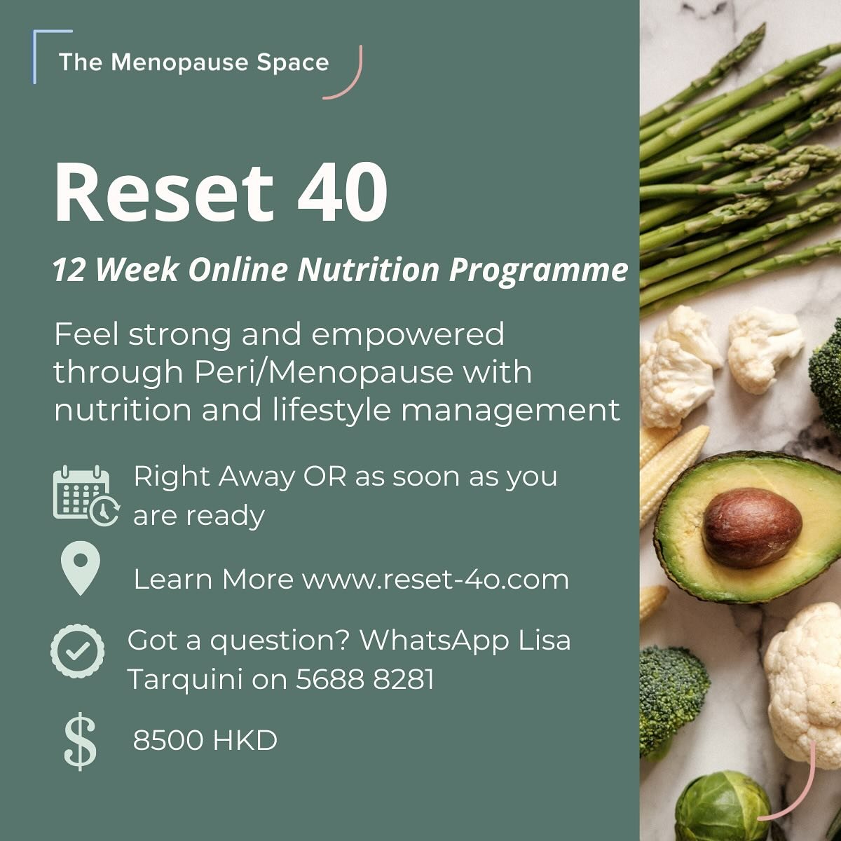 Whether you choose to take hormone replacement, TCM or go through the menopause transition naturally, nutrition and lifestyle can significantly support your body at this time. 

Reset 40 is designed for women over 40 and beyond who are noticing chang