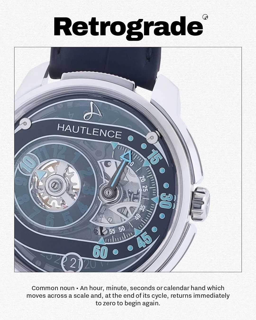 GLOSSARY &ndash; RETROGRADE (/ˈrɛtrəˌɡreɪd/)
A hand (hours, minutes, seconds, or even a calendar display) that travels along an arc instead of a full circle, then snaps straight back to zero at the end of its cycle to start again.

That &ldquo;snap-b