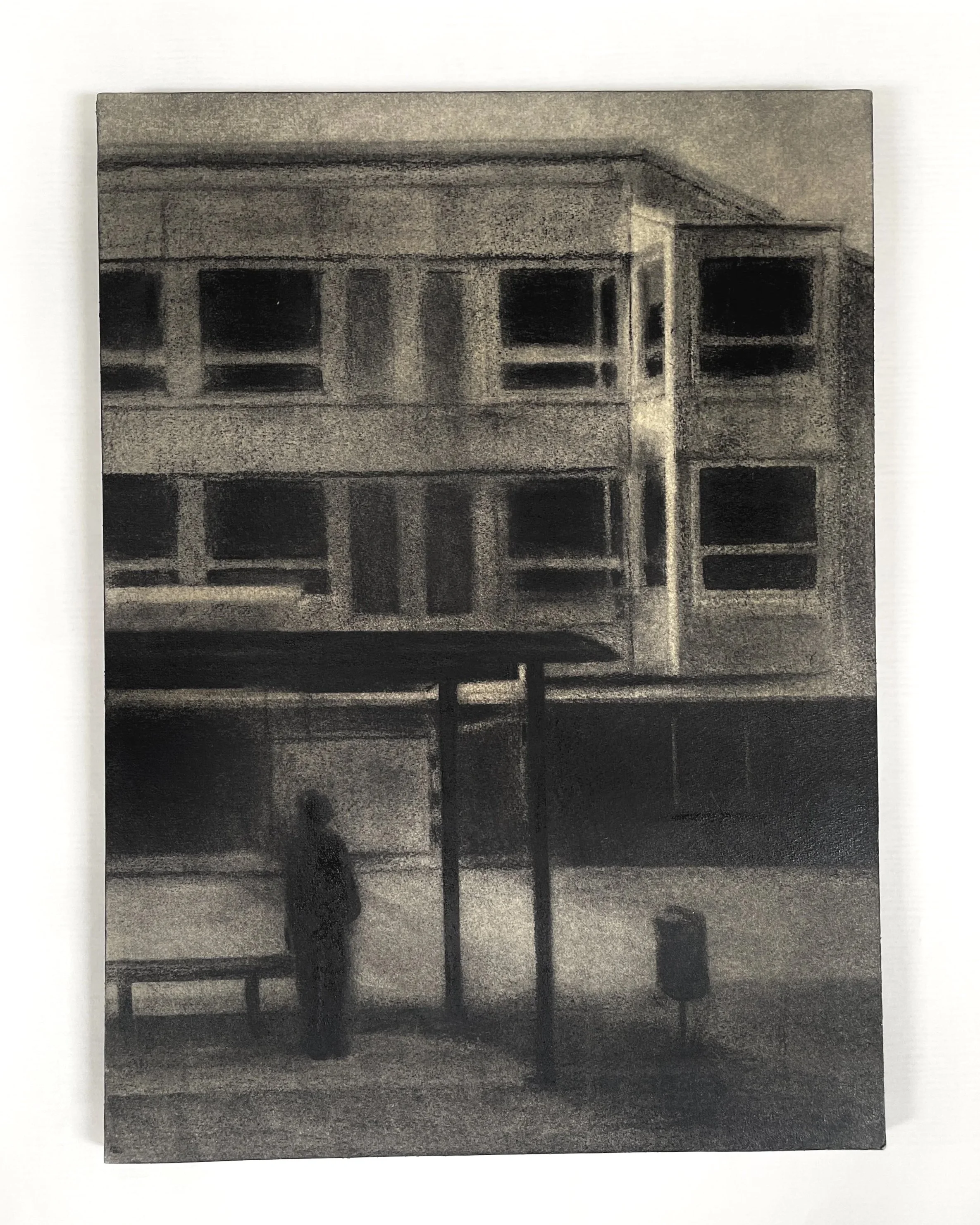 Östersunds Kommun 2025 – 
"Ändhållplats"
Kol och schellack på pannå, 40x50 cm