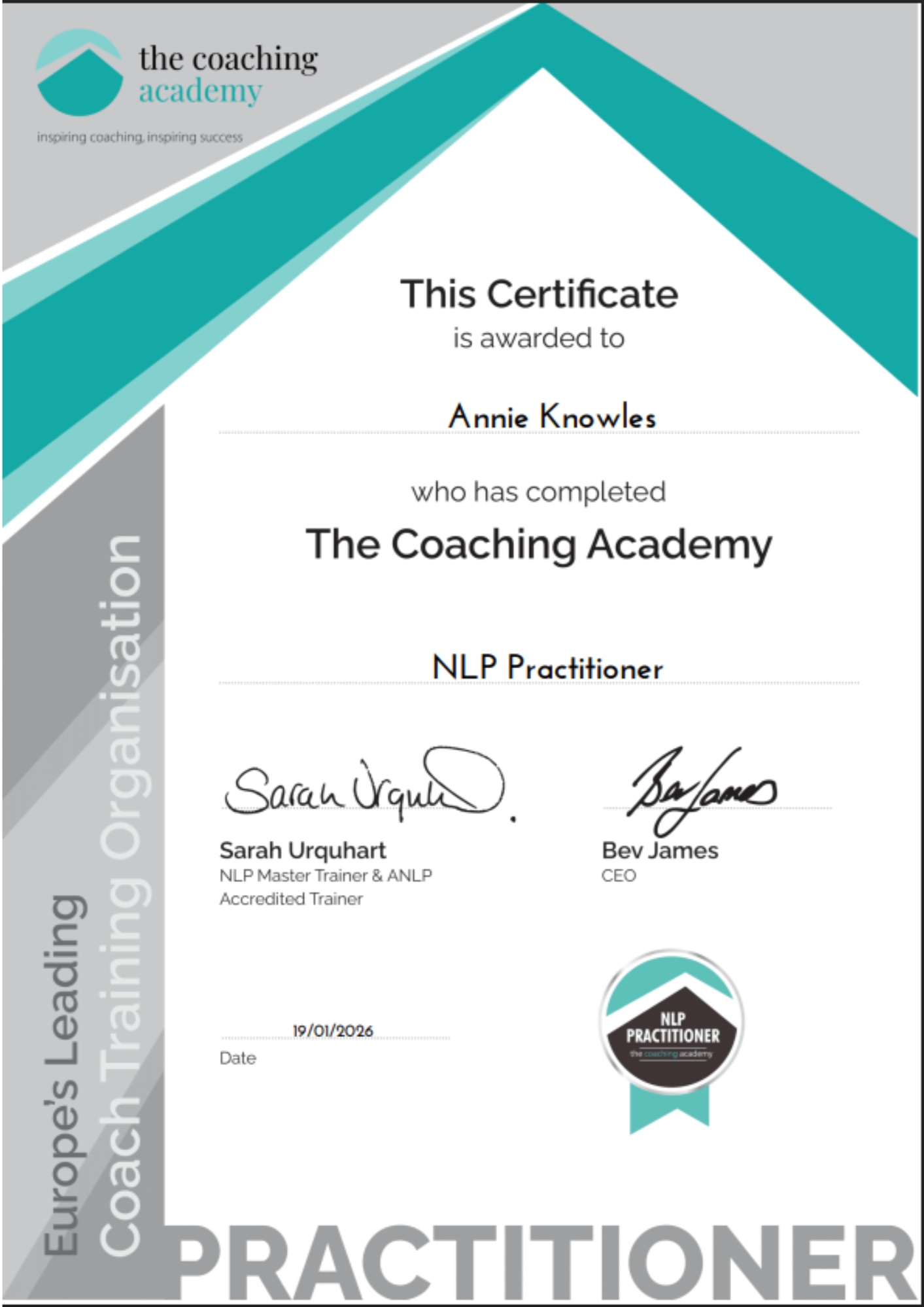 Certificate awarded to Annie Knowles by the coaching academy for completing NLP Practitioner course, signed by Sarah Urquhart and Bev James, dated 19/01/2026.