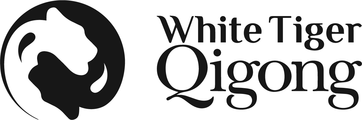 Logo with a stylized white tiger face silhouette within a circle, next to the text 'White Tiger Qigong', leading to www.whitetigerqigong.com.