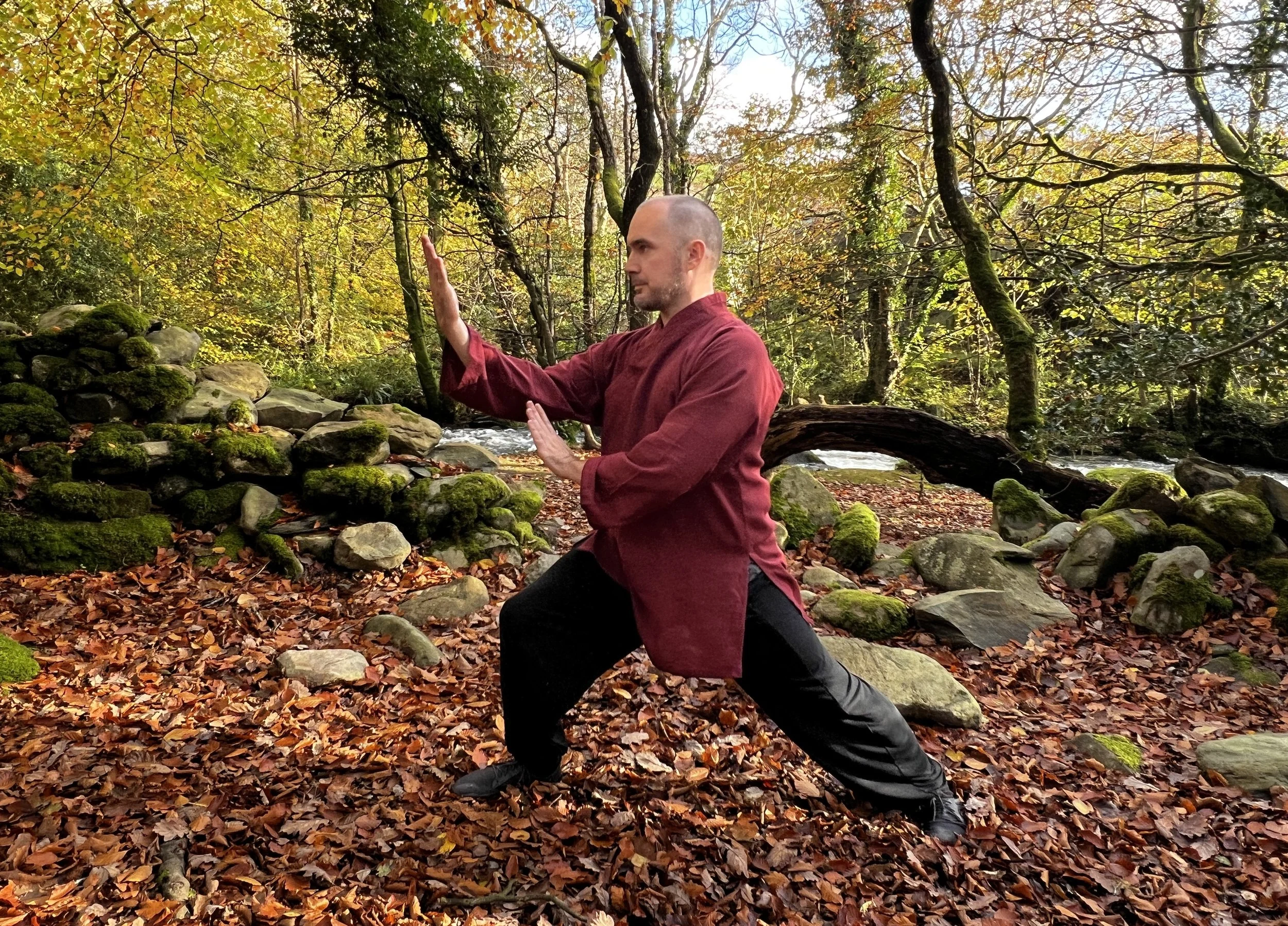 Alex practicing martial arts outdoors in a forest during fall, wearing a maroon robe and black pants, standing on fallen leaves with rocks and trees in the background.