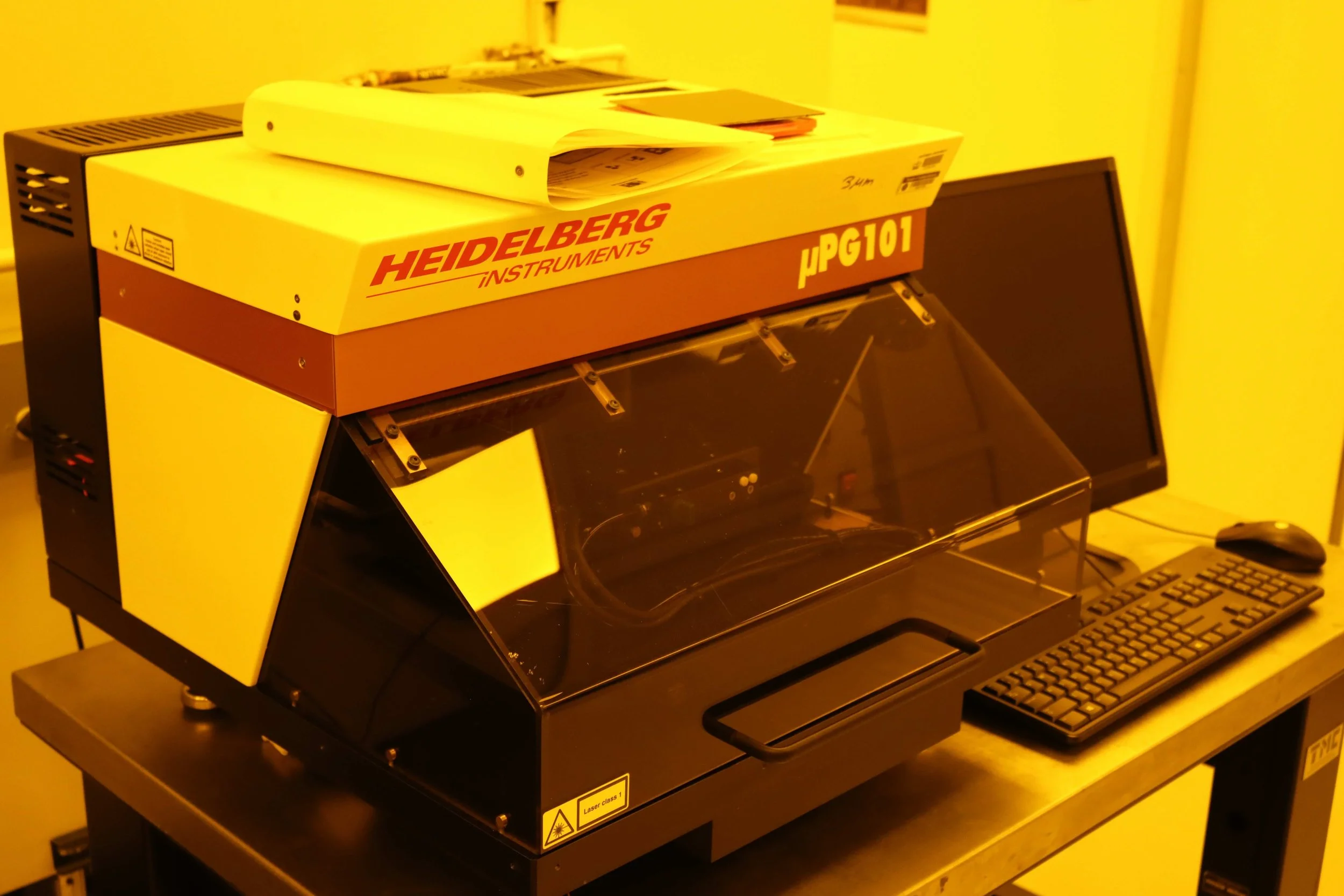 Heidelberg μPG 101 laser writer in the cleanroom, used for direct-write photolithography on wafers and substrates.