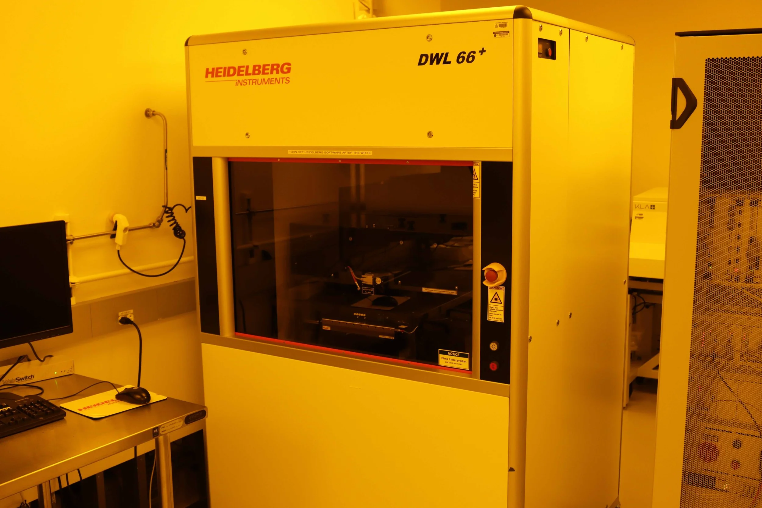 Heidelberg DWL 66+ laser writer in the cleanroom, used for high-resolution direct-write lithography on substrates.