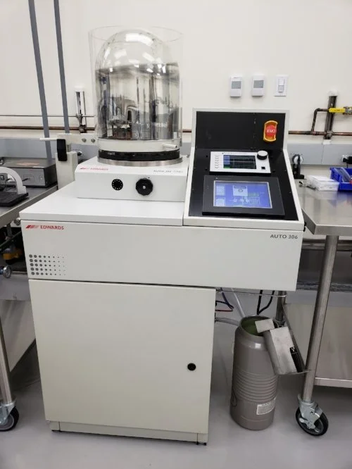 Edwards/BOC thermal evaporator in the cleanroom, used for depositing thin metal films onto substrates by thermal evaporation.