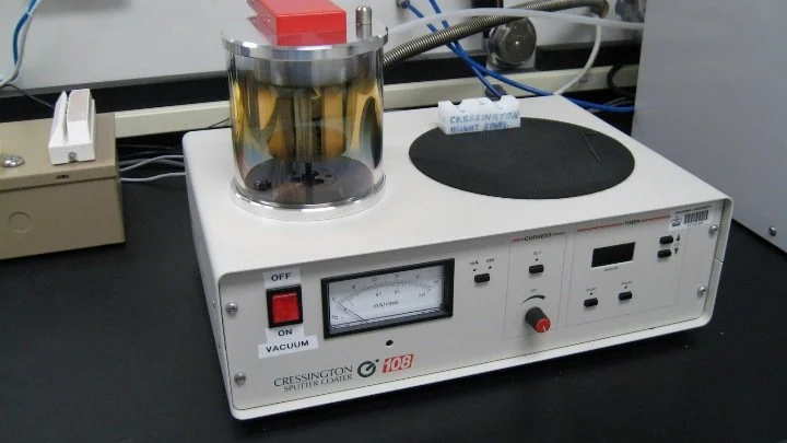 Cressington 108 manual sputter coater in the cleanroom, used for depositing thin conductive coatings onto samples for electron microscopy or analysis