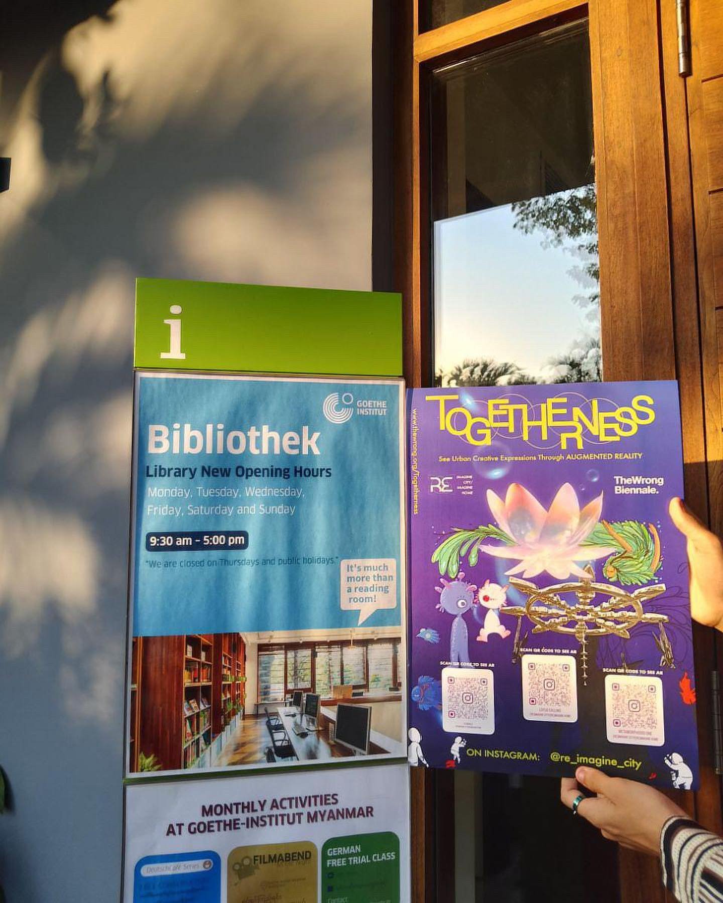 Our AR posters are also now at @goetheinstitut_myanmar library. Scan QR codes to see Augmented Reality artworks created by talented Burmese artists and creative technologists. 

@re_imagine_city ရဲ့ poster တွေကို ရန်ကုန်က Goethe Institut Myanmar Libr