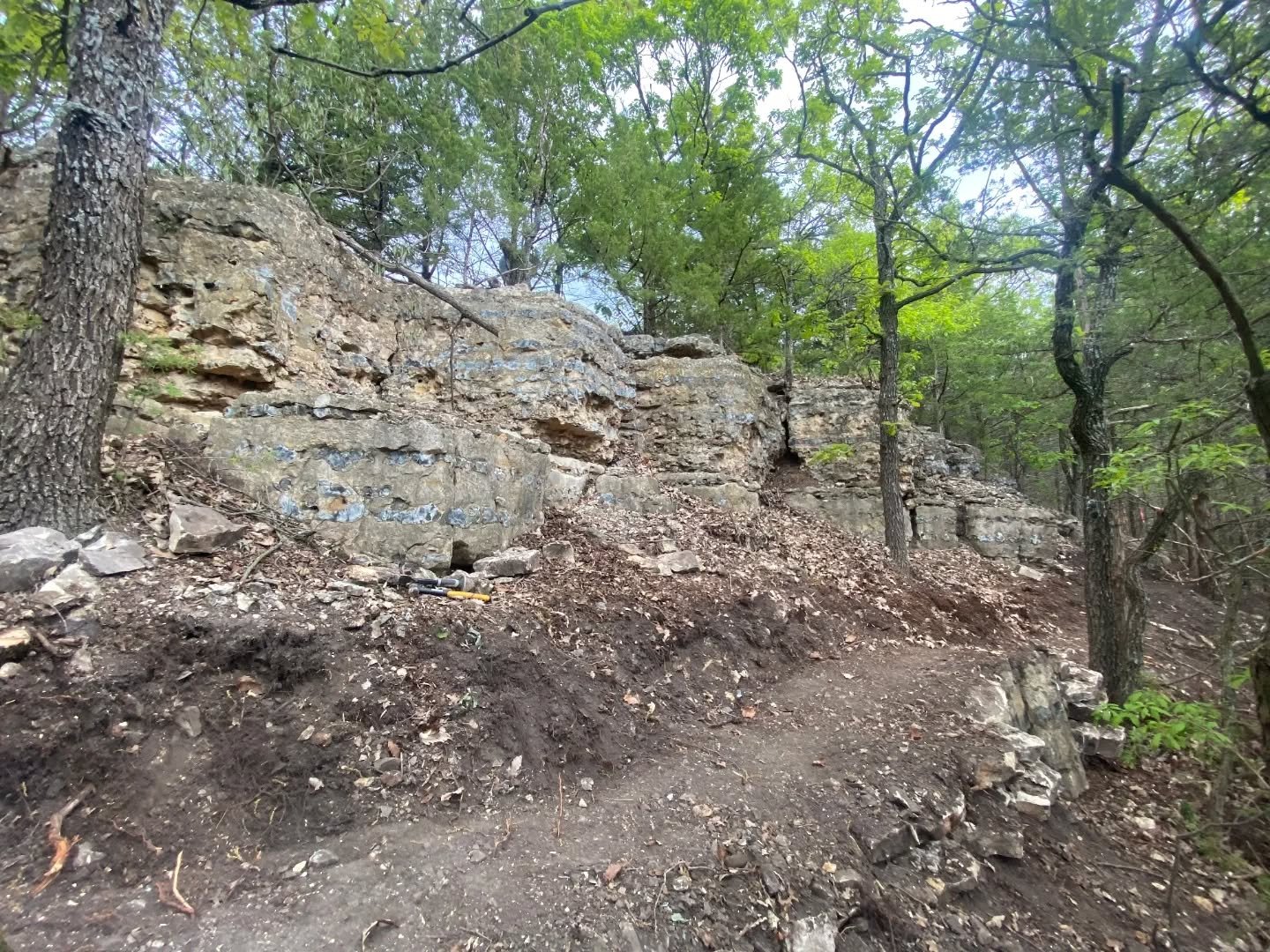 Bit over a half mile loop is done and ready for community use in Waterville, Kansas at the Lake Idlewild Nature Trails. Machine assist on the switchbacks, lots of rock work, and we are hand building rolling contour singletrack through the flint agate
