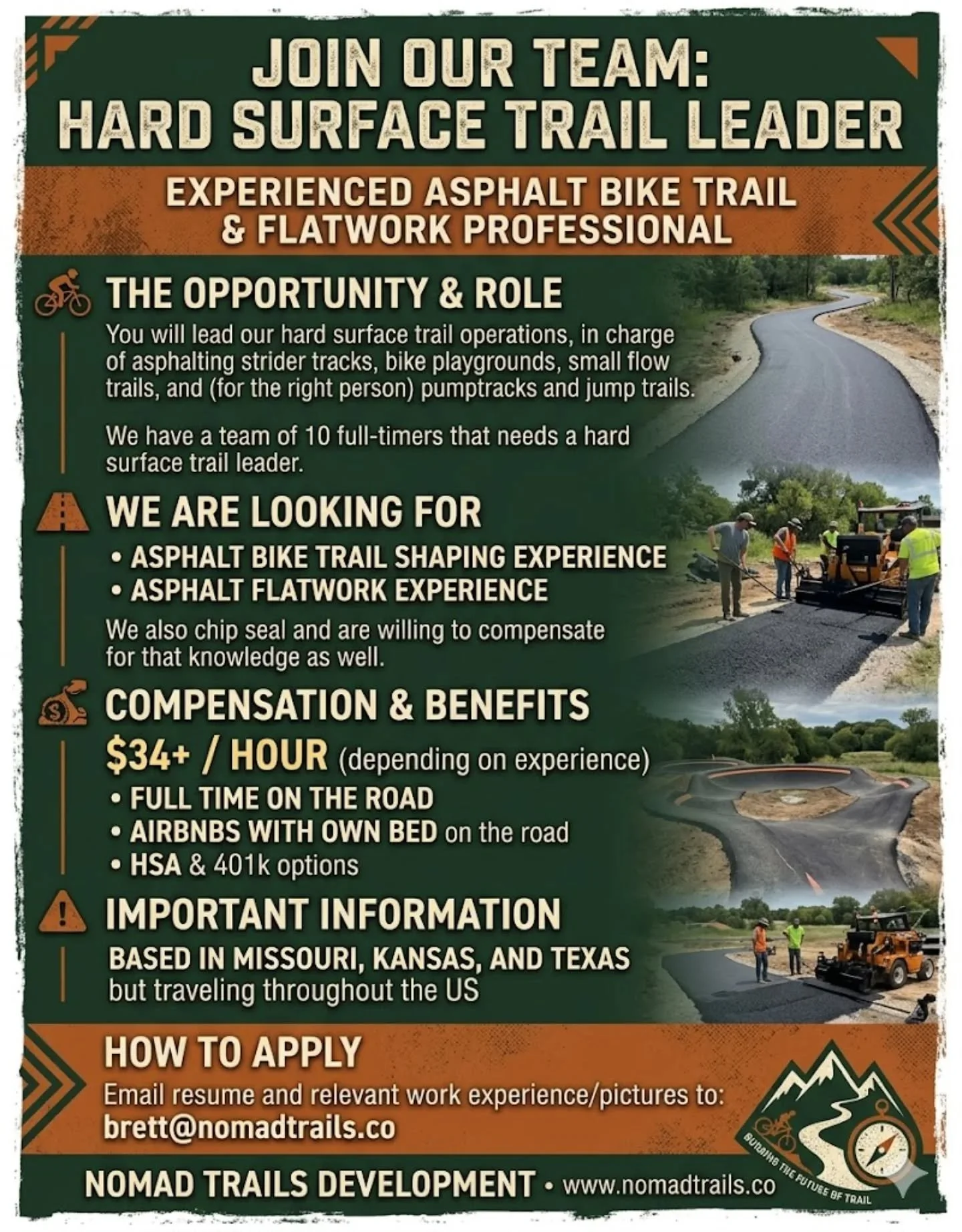 We are hiring people with asphalt bike trail experience! Please see the details on the flyer above and email with any questions or to get your app in. Please share with those that may be interested! Thank you. @nomadtrailsdevelopment @protrailbuilder