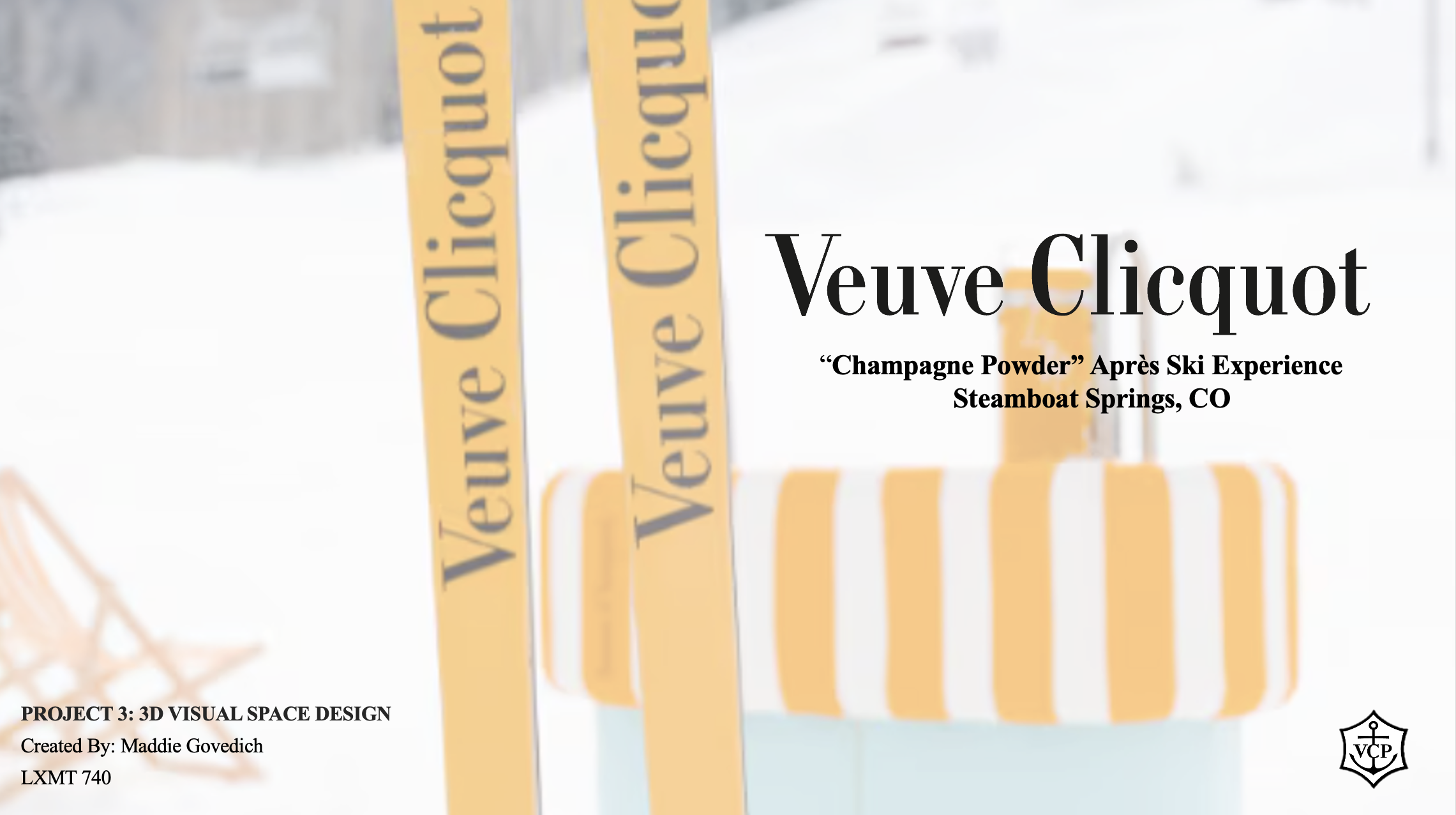 As part of my Visual Narrative for Consumer Engagement course, I designed a conceptual hospitality experience for Veuve Clicquot, envisioning a luxury ski-in, ski-out pop-up that translated the brand’s vibrant personality into an immersive physical e