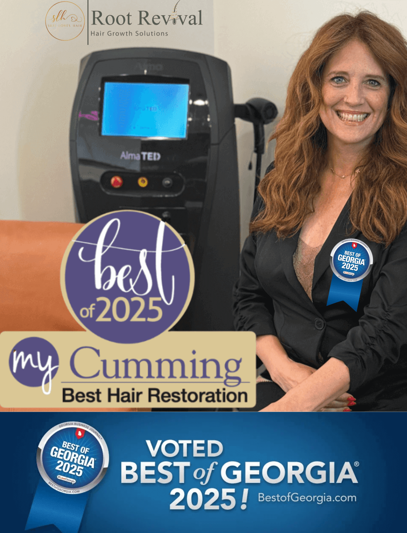 “Best of Georgia award badge for Root Revival Hair Restoration in Cumming GA.”