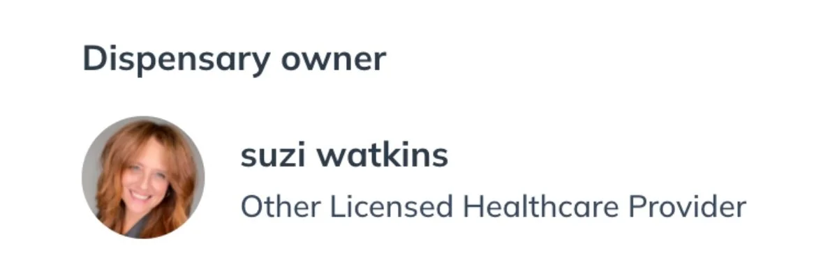 Identification card for a dispensary owner named Suzi Watkins, who is an other licensed healthcare provider, with her photo showing a woman with red hair smiling.
