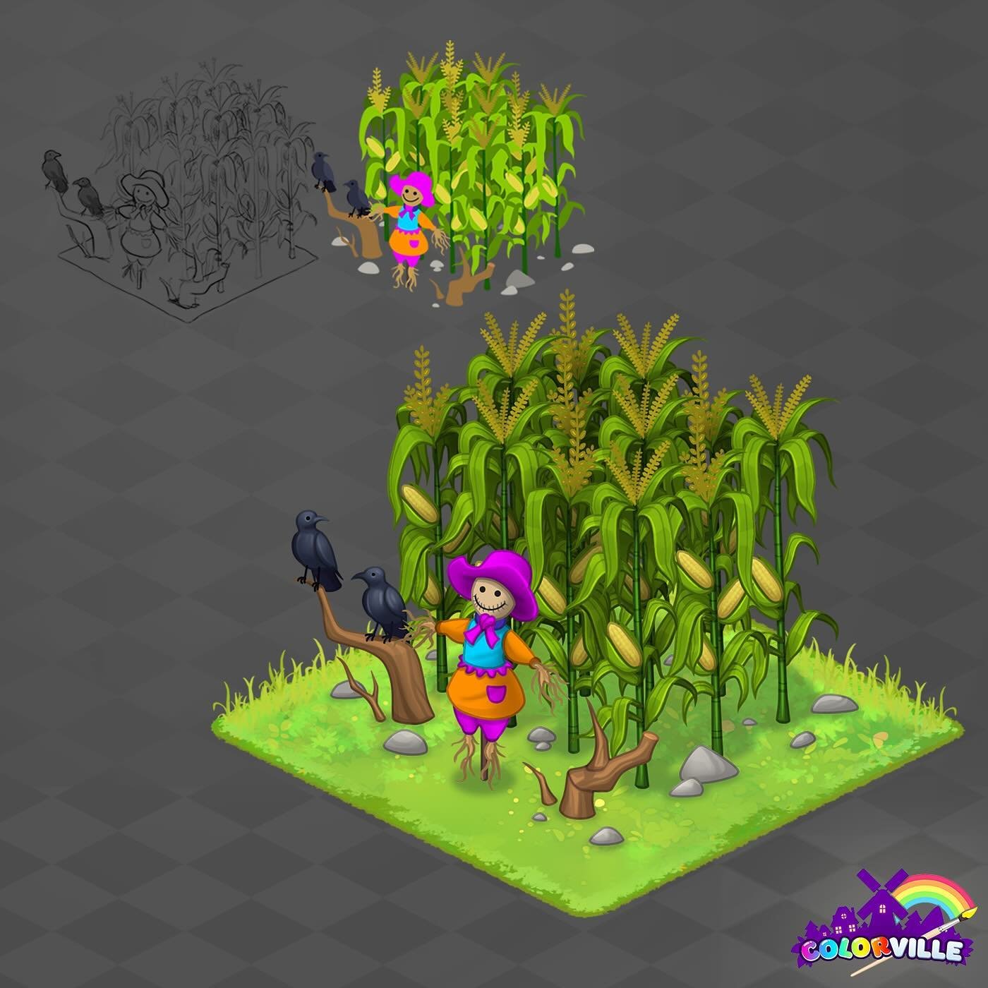 Scarecrow, 4x4 item for &lsquo;Colorville&rsquo; 🎨
Each asset had a rendered version + a vector version (&lsquo;color by number&rsquo;) so the player could change the palette of each one!
.
#isometricart #gameart #2dart #mobilegame #cozygame