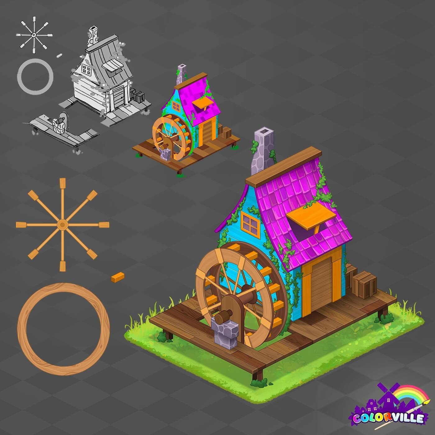 Watermill, 3x4 item for &lsquo;Colorville&rsquo; 🎨
Each asset had a rendered version + a vector version (&lsquo;color by number&rsquo;) so the player could change the palettes!
.
#isometricart #gameart #2dart #mobilegame #cozygame