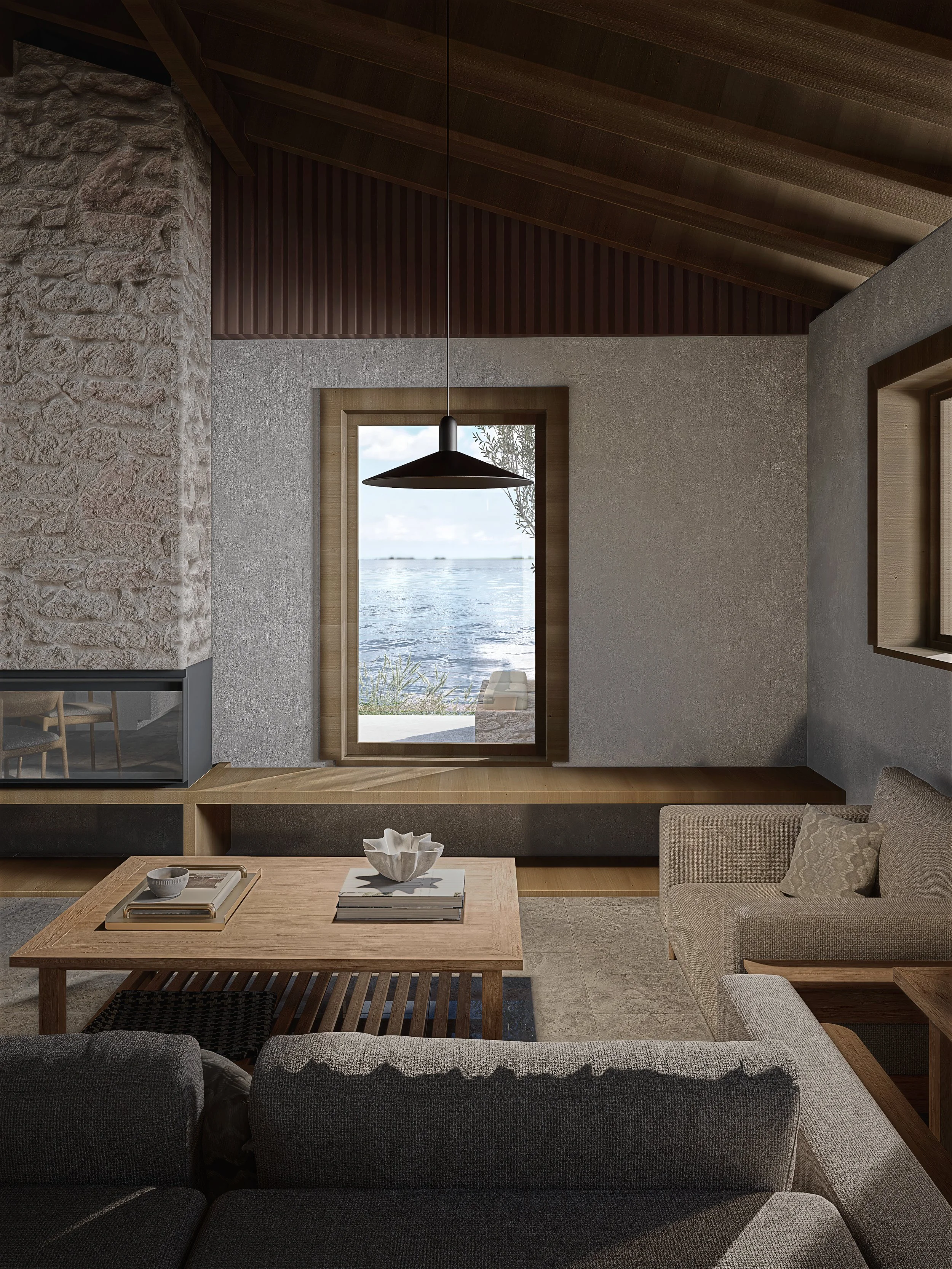 An interior study in emotional unburdening. This 65 sqm residence by N Architecture Studio features a curated window frame that integrates the sea into the living space, emphasizing essentialism and mental clarity.