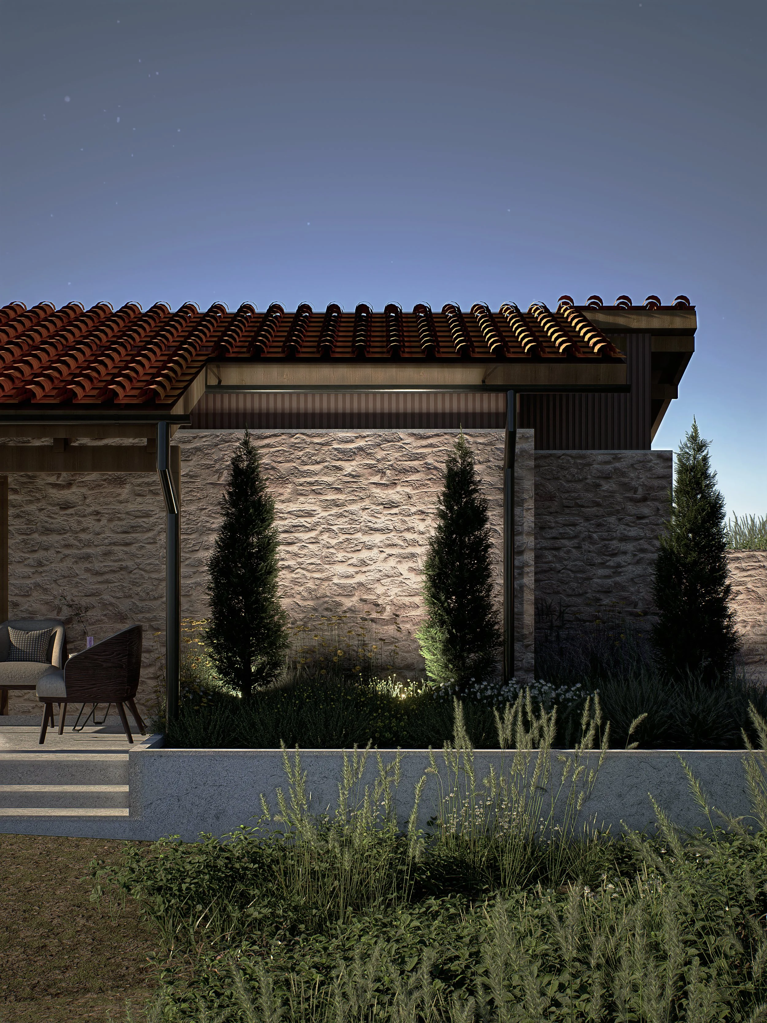 Highlighting the tactile sincerity of stone. This night render showcases the atmospheric lighting design of N Architecture Studio, emphasizing the protective nature of the home's "shell".