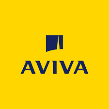 Yellow background with the AVIVA insurance logo in the center, featuring a stylized sailboat above the word 'AVIVA' in navy blue.