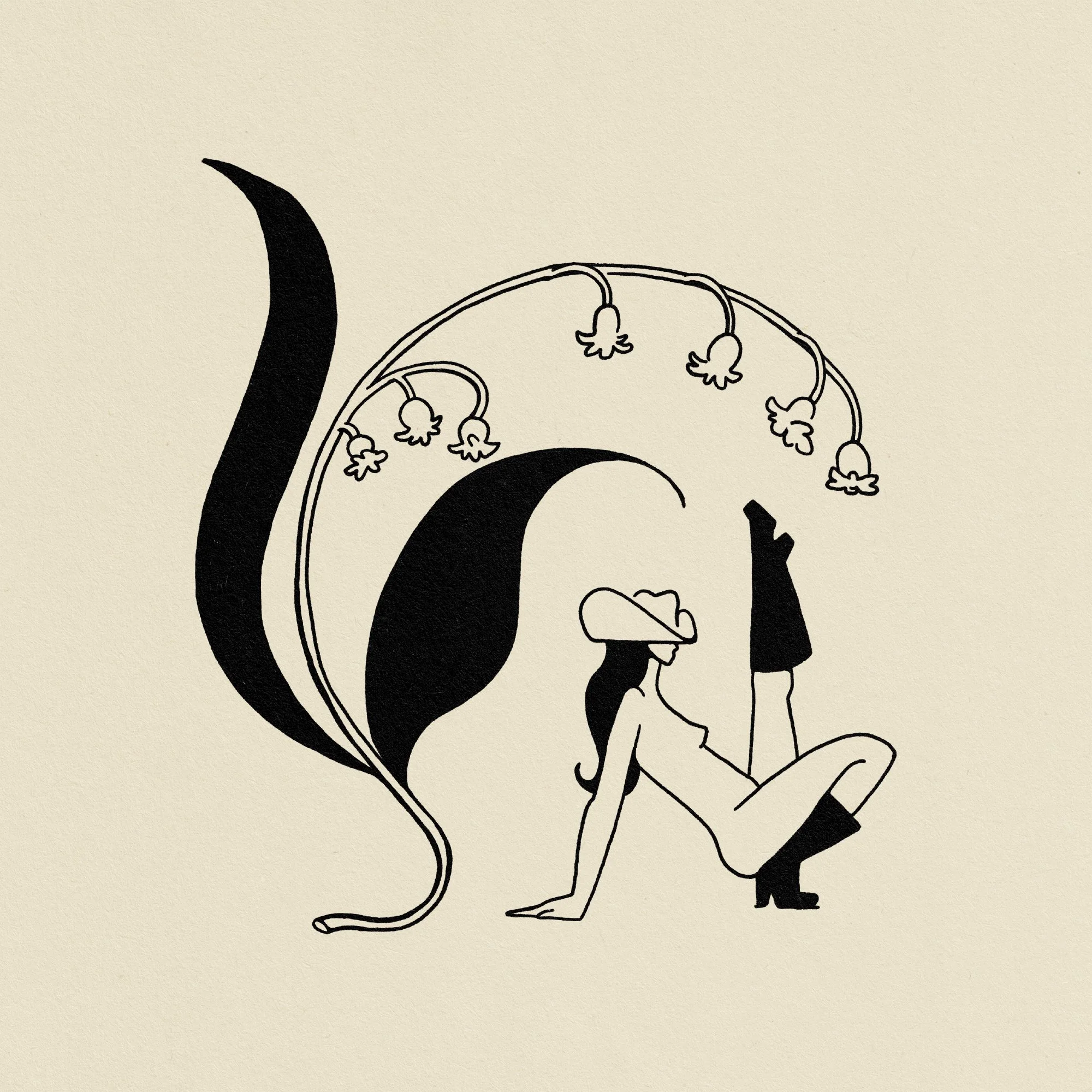 Black and white illustration of a woman with long hair, wearing a cowboy hat and boots, sitting striking a pose with her leg straight up in the air, next to a large stylized number lily of the valley floral arched and hanging it's flowers above her.