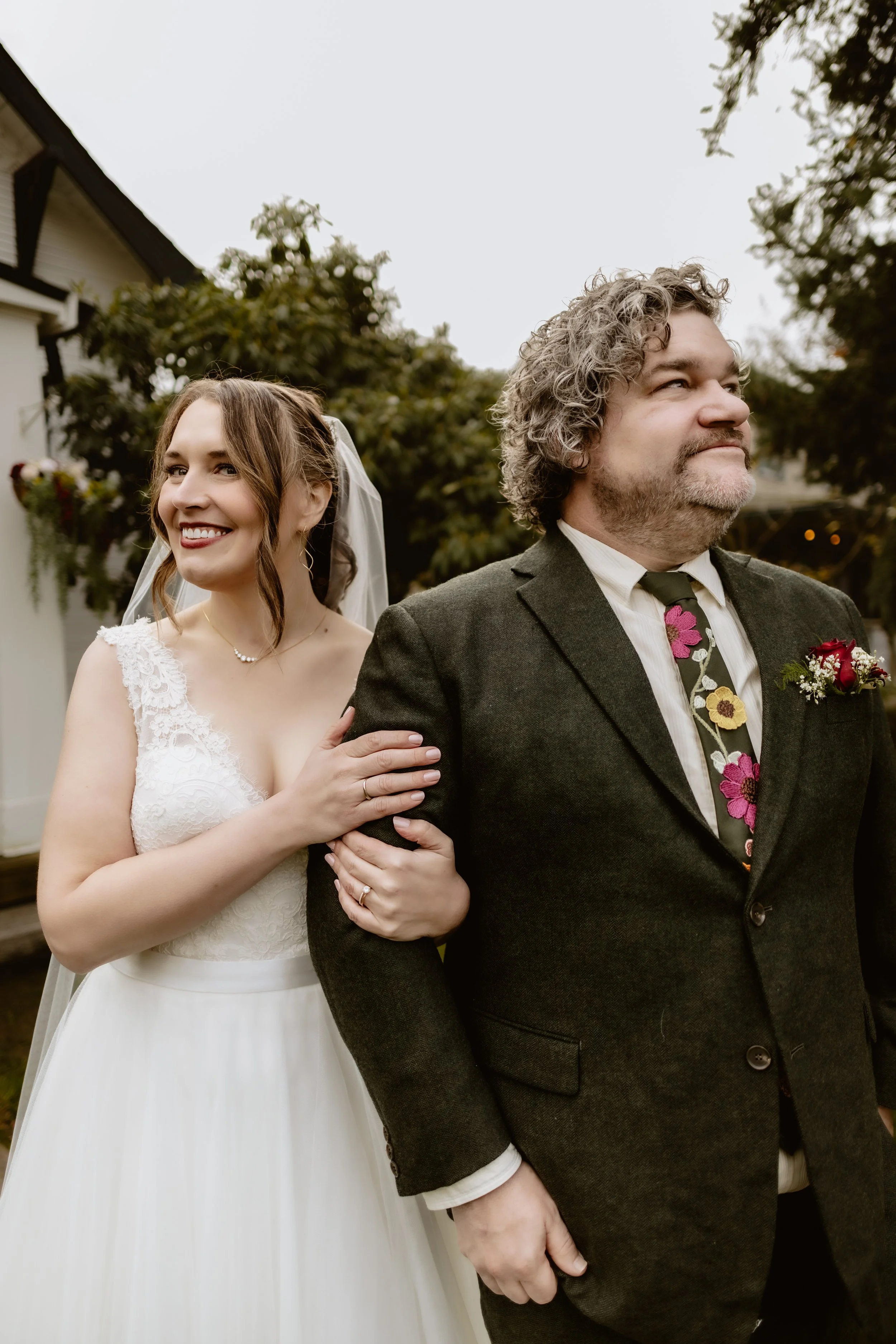 Bride and groom portrait outside Hummingbird Hall in Corbett, Oregon
