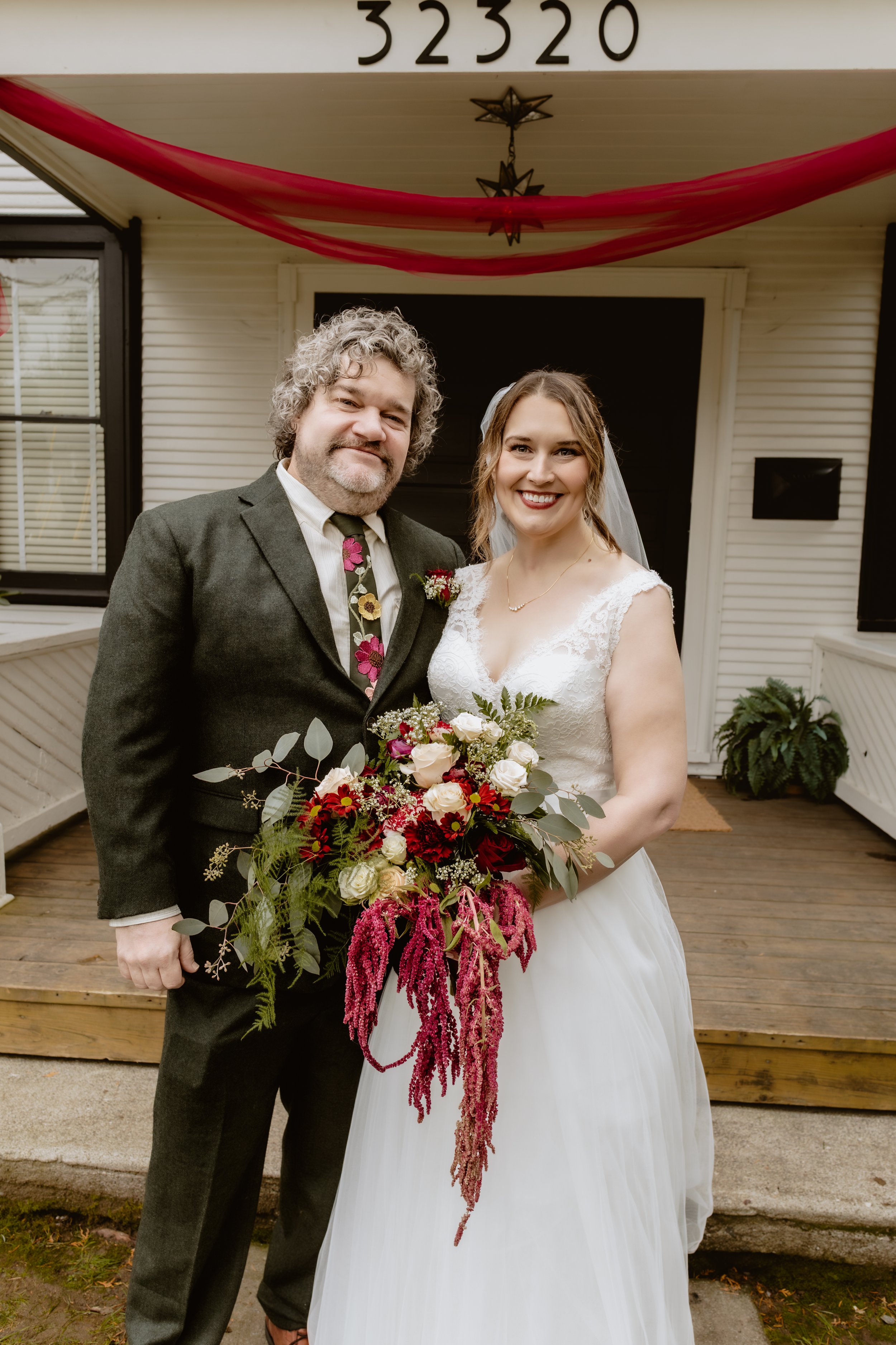 November wedding portrait outside Hummingbird Hall in the Columbia River Gorge